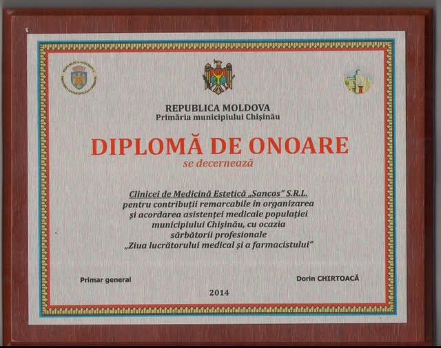 Diploma de onoare de la Primarul Genereal cu ocazia zilei Lucratorului Medical si a Farmacistului.