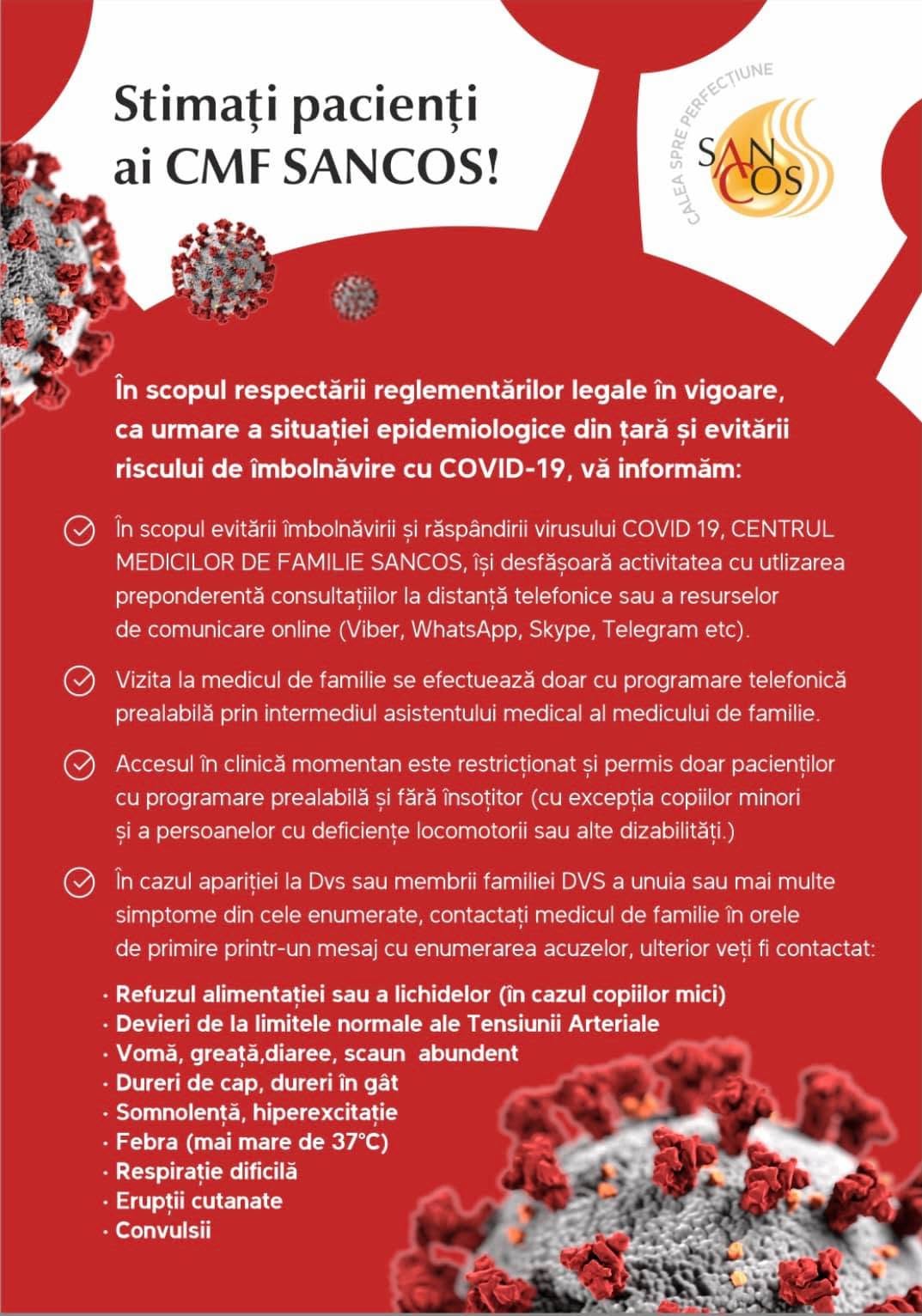 În atenția pacienților aflați la evidența medicului de familie în cadrul CMF SANCOS!